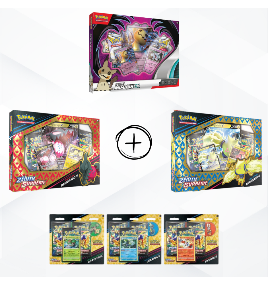 Pack de produits Pokemon : Mimiqui-EX, Regieleki, Regidrago et Pin's Collection Zénith Suprême