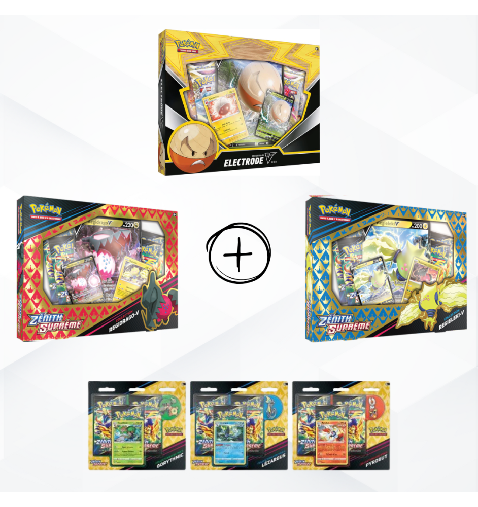 Pack de produits Pokemon : Electrode, Regieleki, Regidrago et Pin's Collection Zénith Suprême